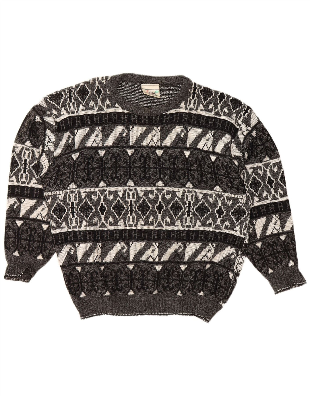 VINTAGE Homme Col Bateau Pull XL Gris Géométrique Acrylique