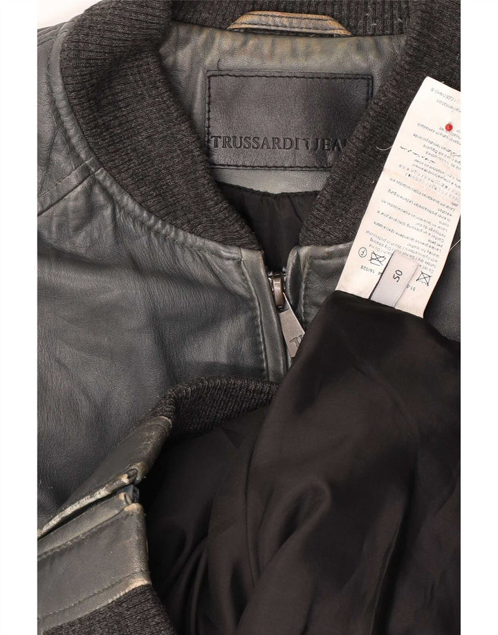 Trussardi Jeans Blouson En Cuir Bomber Femme IT 50 XL Bleu Marine