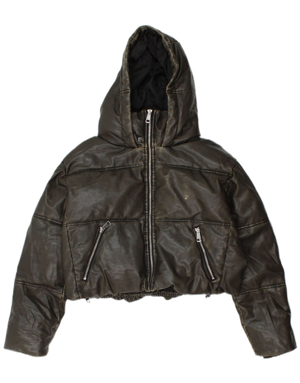 ZARA Womens Oversized Crop Hooded Padded Jacket UK 10 Small Khaki