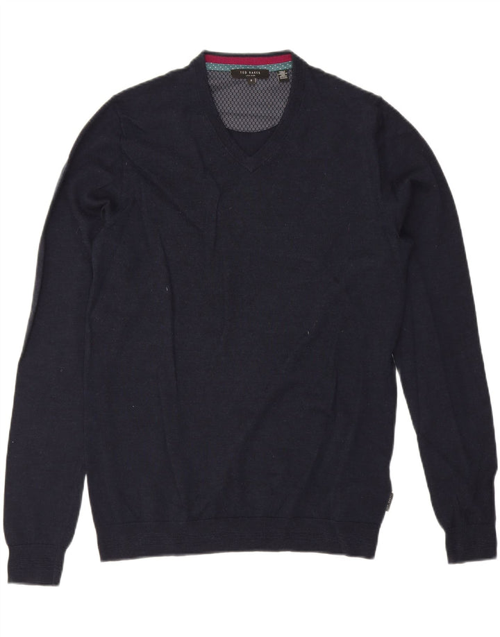 TED BAKER Pull col V pour homme Taille 3 Laine mérinos bleu marine moyen