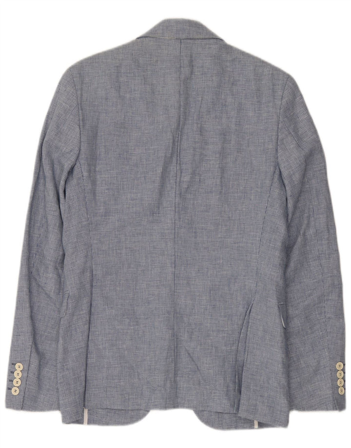 Zara Veste Blazer 2 Boutons Homme EU 46 Petit Bleu Pied-de-Poule Lin