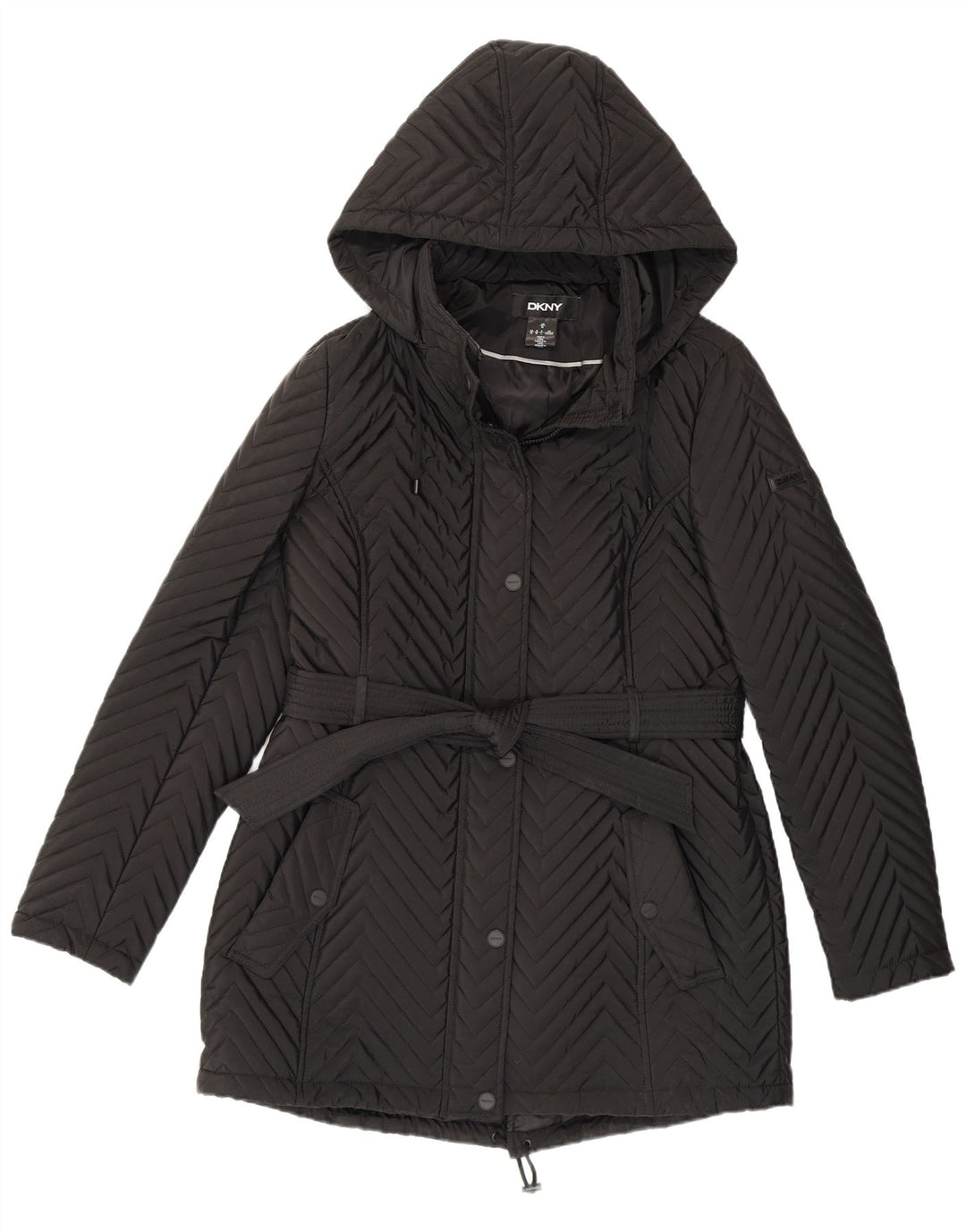 Dkny Manteau coupe-vent à capuche pour femme UK 12 Chevron noir moyen