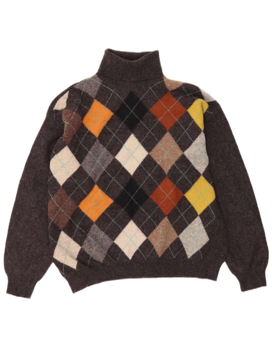Benetton Pull Col Roulé Homme IT 52 Large Gris Argyle/Diamant Laine