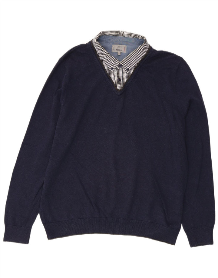 MARKS & SPENCER Pull col V pour homme à carreaux bleu marine