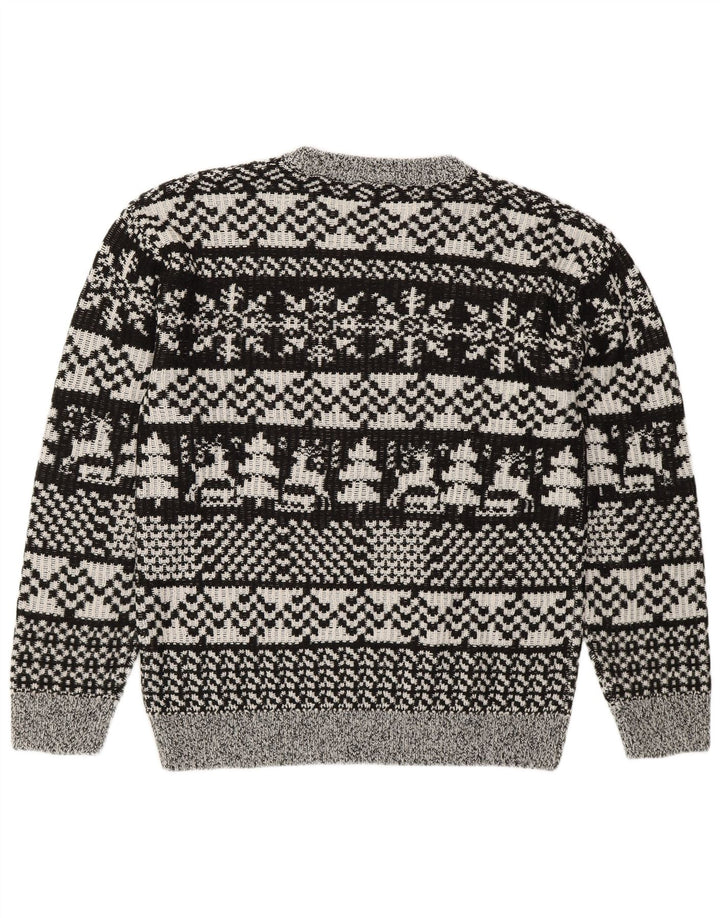vintage Mens Crew Neck Jumper Pull Moyen Gris Fair Isle