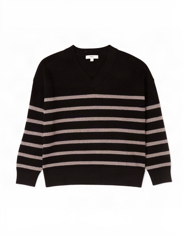 Marks & Spencer Womens V-Neck Jumper Sweater UK 16 Large Black Striped