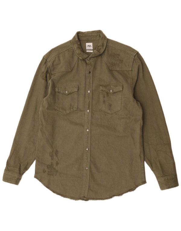 Zara Chemise en jean coupe décontractée en détresse pour homme XL Kaki Coton