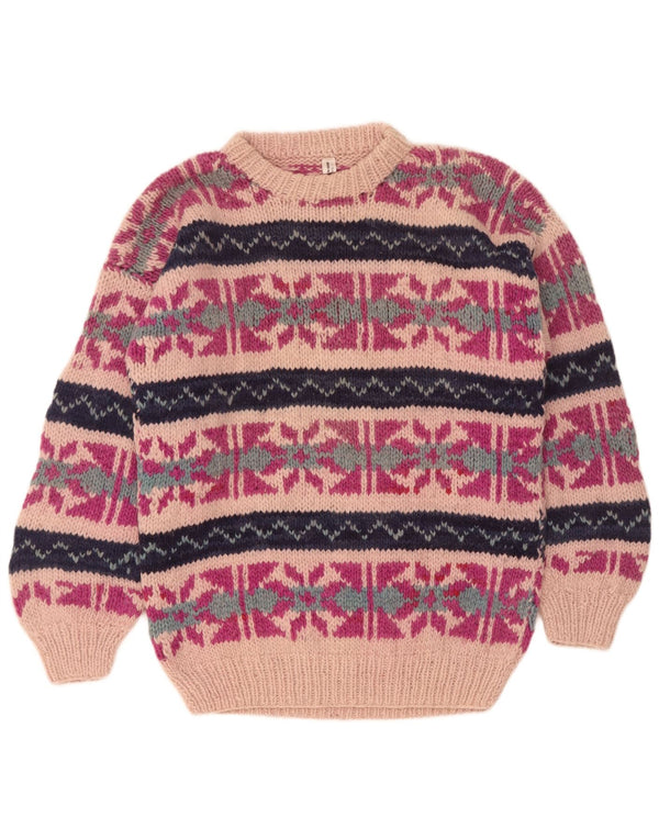vintage Womens Crew Neck Jumper Pull UK 16 Grande laine rose Fair Isle