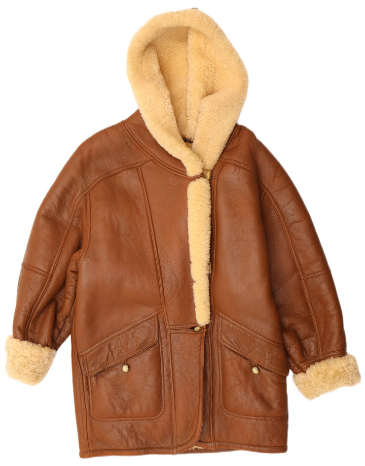 VINTAGE Manteau en peau de mouton à capuche femme UK 16 Grand Beige Shearling Classique