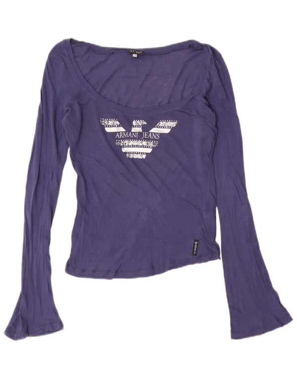 Armani Jeans Haut court graphique à manches longues pour femme UK 14 Bleu moyen Coton