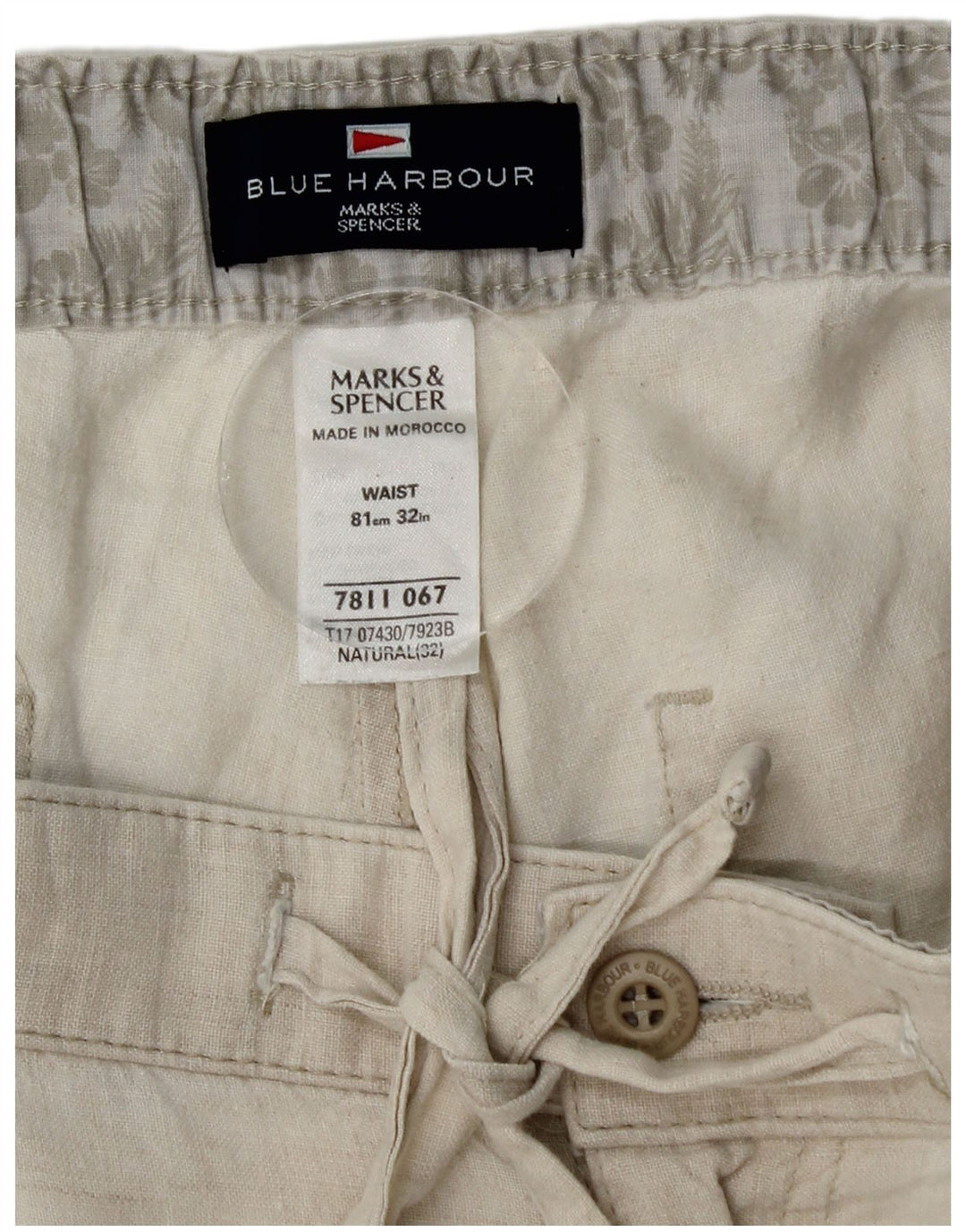 MARKS & SPENCER Bermuda Harbour Homme Bleu W32 Lin Beige Moyen