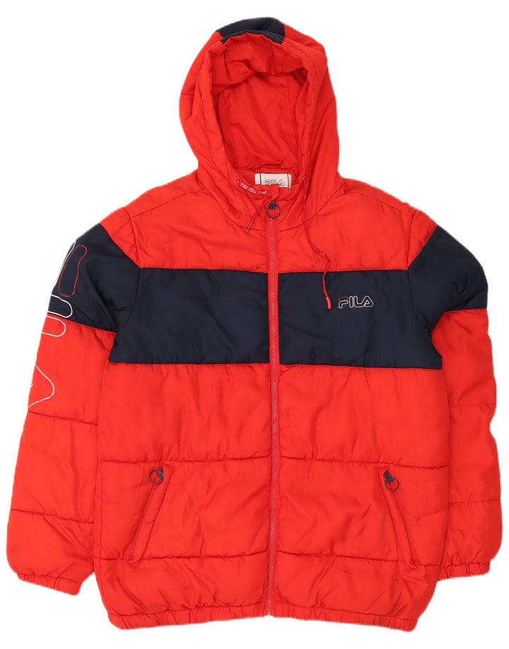 FILA Veste matelassée à capuche graphique pour hommes UK 38 Rouge moyen Colourblock