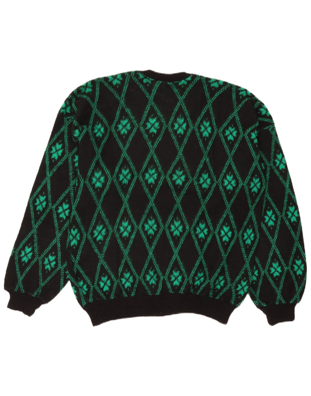 vintage Mens Crew Neck Jumper Pull Vert Moyen Argyle/Diamant