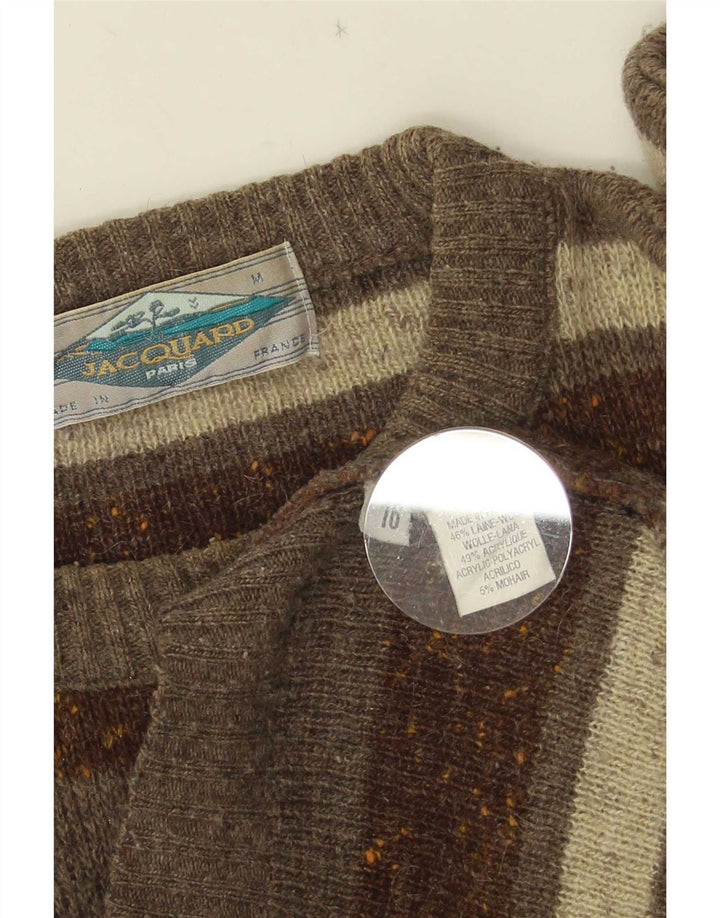 vintage Mens Crew Neck Jumper Pull Moyen Kaki Rayé Laine