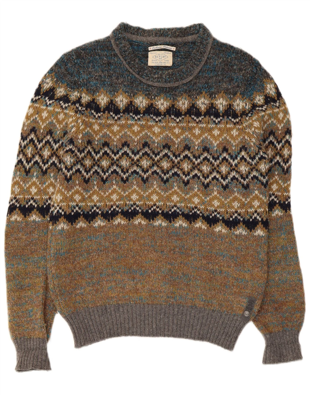 Replay Pull ras du cou pour homme en laine Fair Isle Vert Small