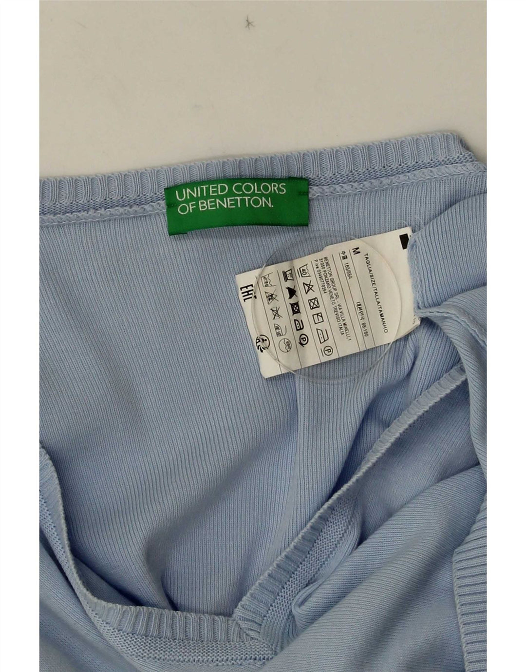 Benetton Pull col V pour femme UK 12 Bleu moyen Coton