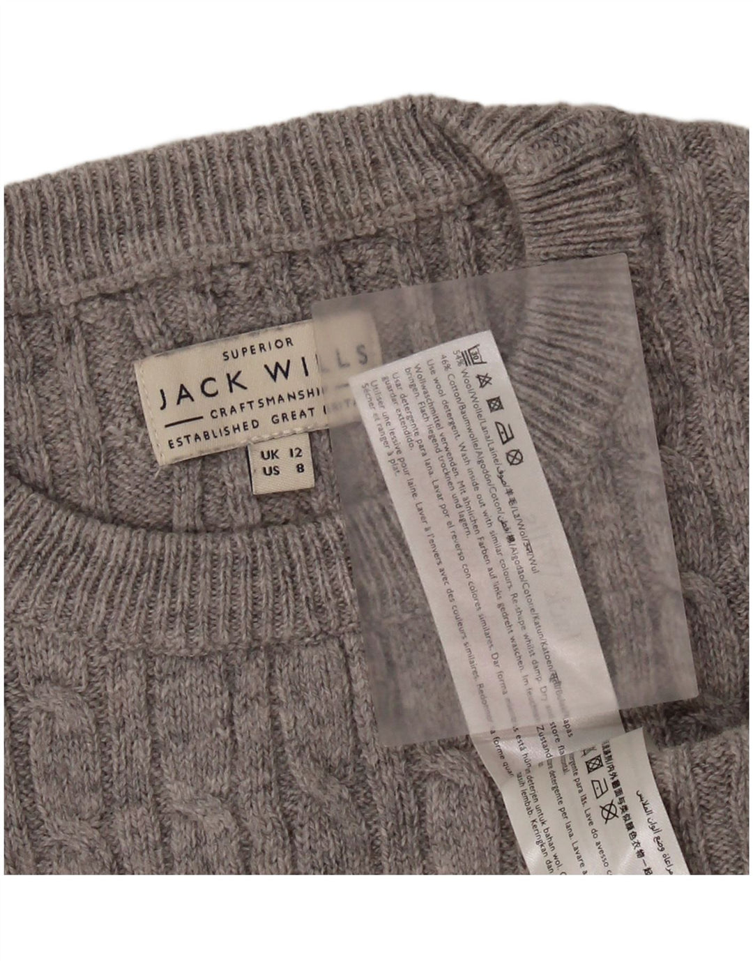 JACK WILLS Pull court à col rond pour femme UK 12 laine gris moyen