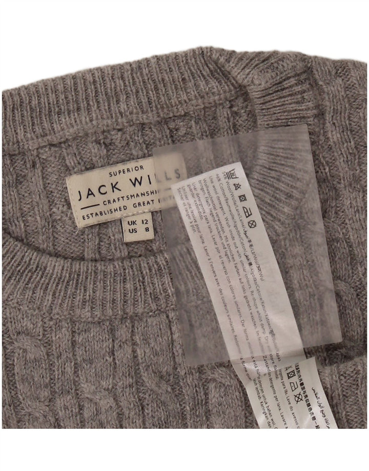 JACK WILLS Pull court à col rond pour femme UK 12 laine gris moyen