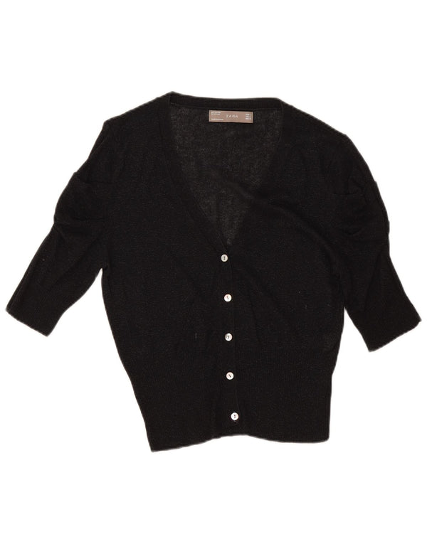 Zara Cardigan court à manches courtes pour femme UK 14 Grand coton noir