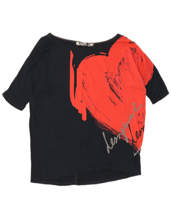 Desigual Haut graphique coupe ample à manches 3/4 pour femme UK 14 Noir moyen Coton