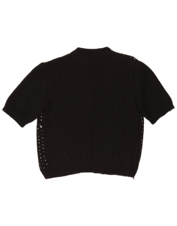 VINTAGE Femmes Crop Cardigan Pull UK 14 Grand Noir Repéré