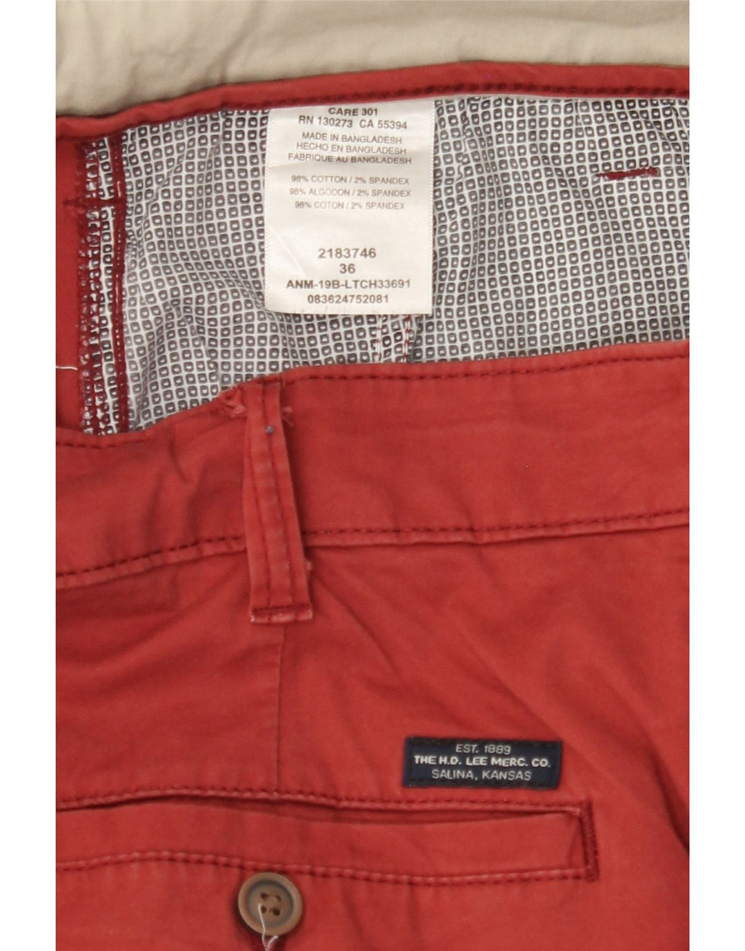 LEE Mens Kansas Chino Shorts W36 Large  Red Cotton Vintage Lee and Second-Hand Lee from Messina Hembry 