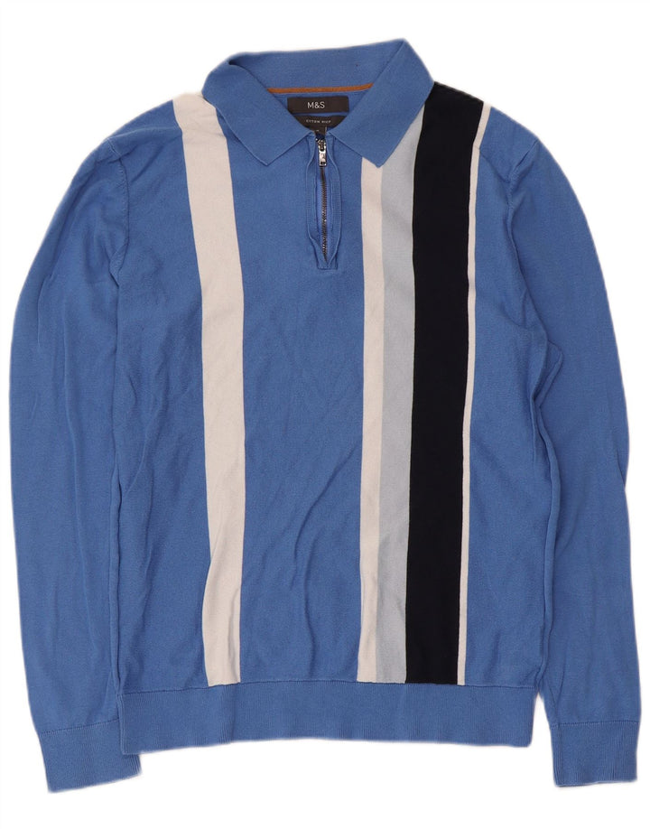 Marks & Spencer Pull Col Polo Homme Bleu Moyen Rayé Coton