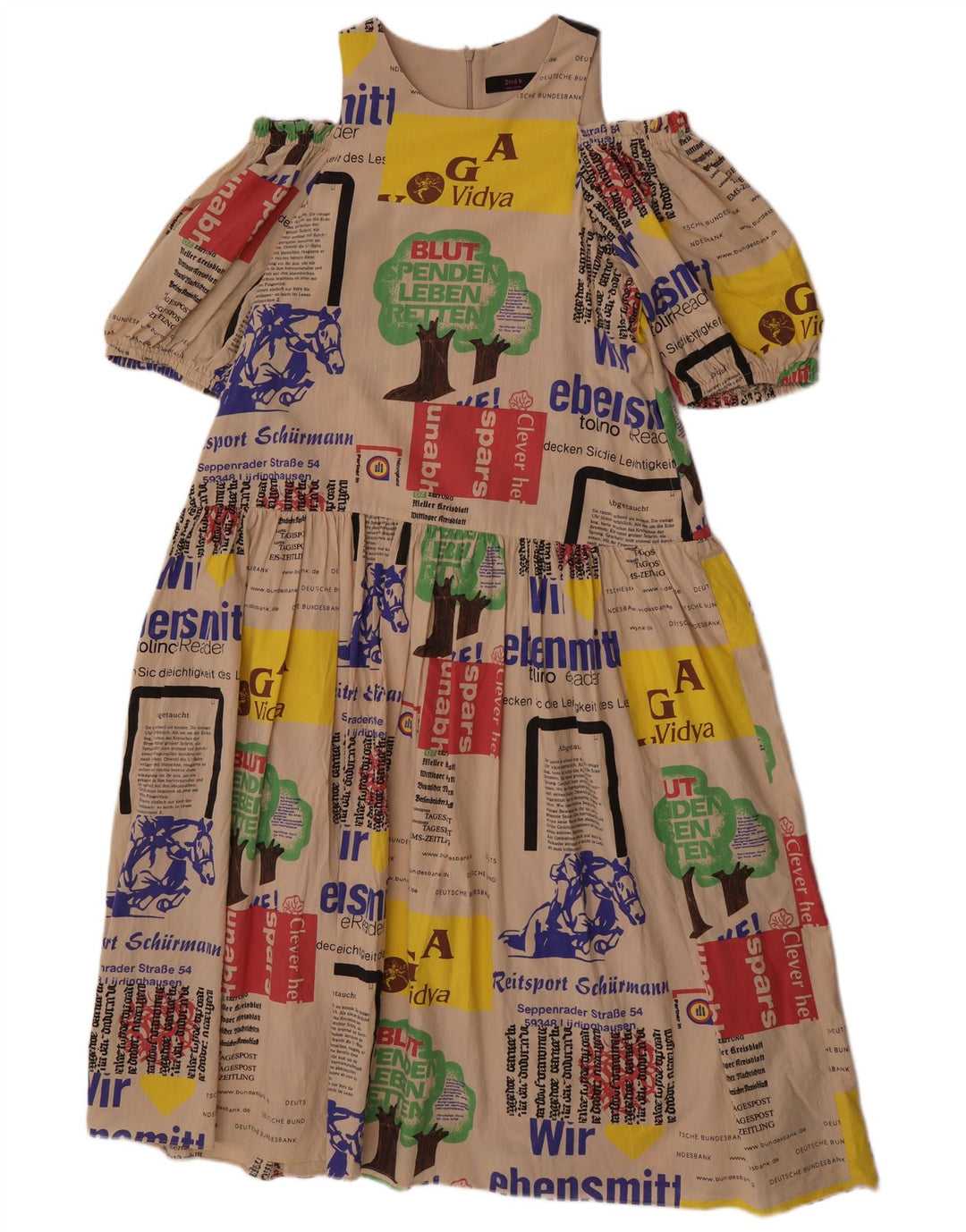 vintage Femme Graphique Hors Épaule Robe UK 14 Beige Moyen