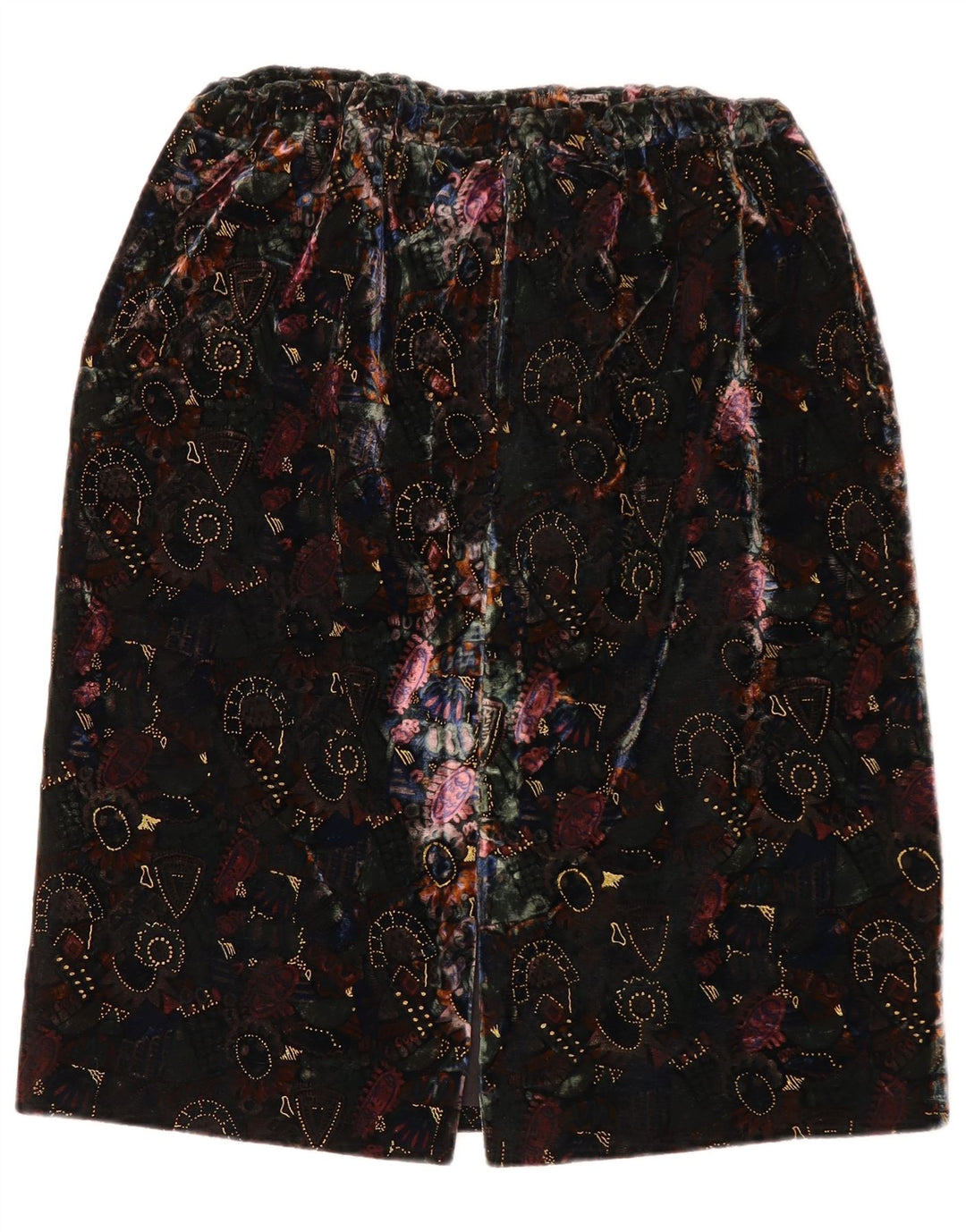 vintage Femmes Motif Abstrait Velours Jupe Droite W28 Moyen Noir