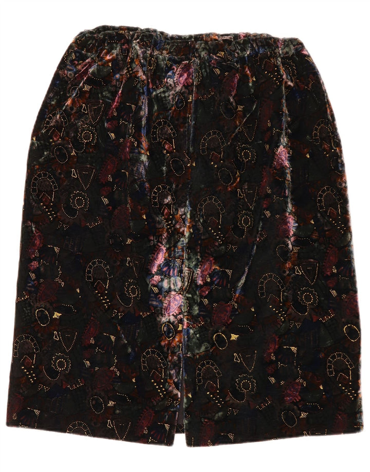vintage Femmes Motif Abstrait Velours Jupe Droite W28 Moyen Noir