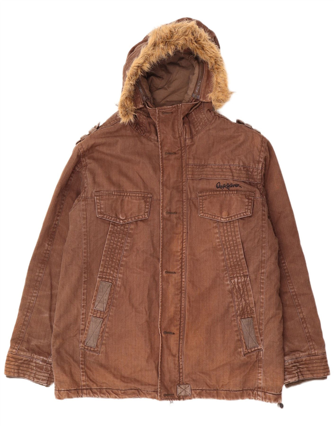QUIKSILVER Veste militaire à capuche pour homme UK 40 Large Marron Coton
