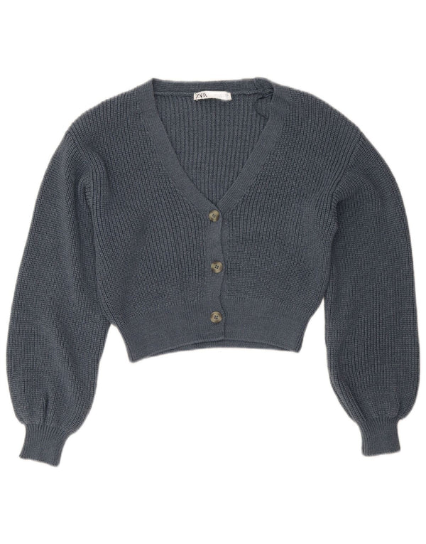 Zara Womens Crop Cardigan Sweater UK 10 Petit Bleu Marine Coton