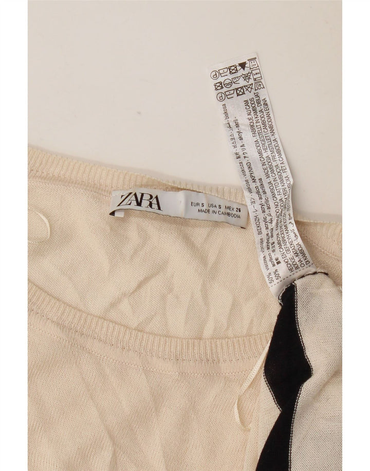 Zara Femme Pull Col Bateau UK 10 Petit Viscose Rayé Blanc Cassé