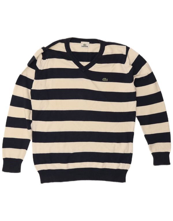 Lacoste Pull col V pour homme Taille 3 Petit coton rayé bleu marine