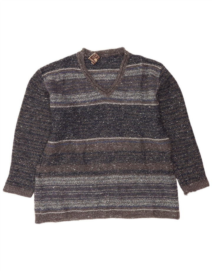 vintage Homme Col V Pull Pull Gris Moyen Rayé