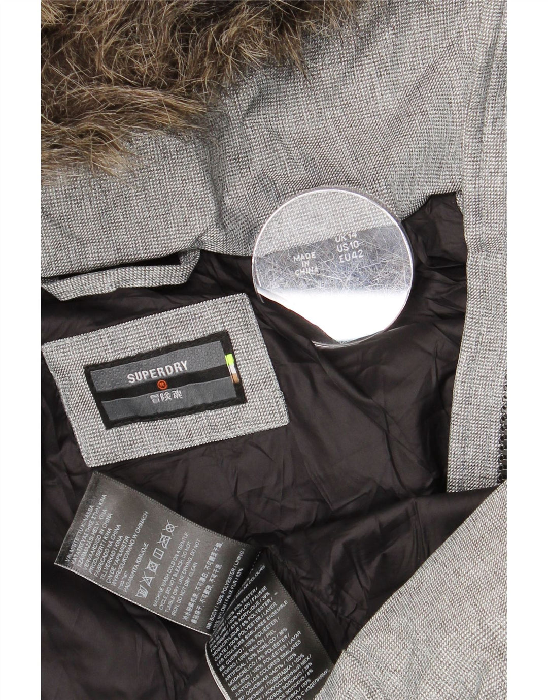 SUPERDRY Veste matelassée à capuche pour femme UK 14 Large Gris Polyester