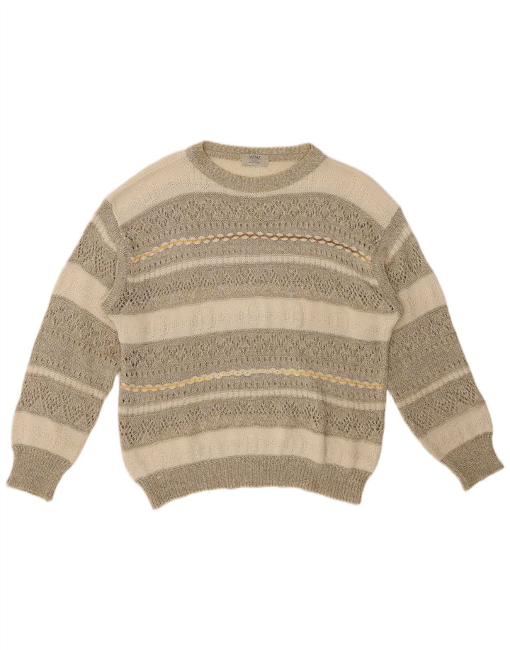 VINTAGE Femme Boat Neck Jumper Pull UK 14 Grand Coton Rayé Beige