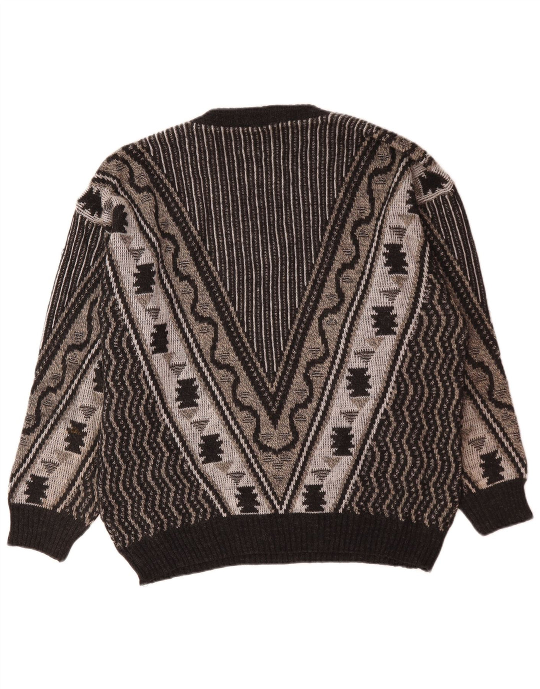 vintage Mens V-Col Jumper Pull Grand Gris Géométrique