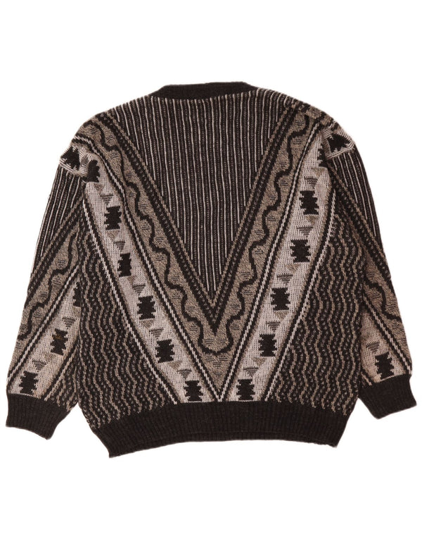 vintage Mens V-Col Jumper Pull Grand Gris Géométrique