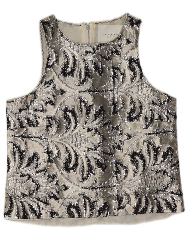 vintage Femmes Blouse Sans Manches Top UK 10 Petit Gris Paisley Polyester