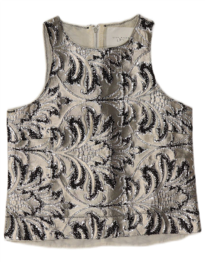 vintage Femmes Blouse Sans Manches Top UK 10 Petit Gris Paisley Polyester