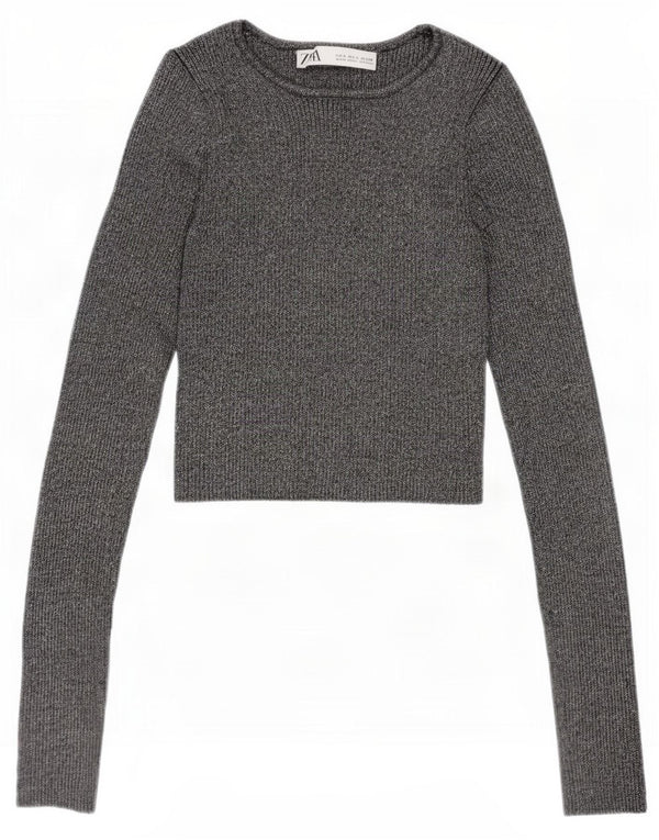Zara Womens Crop Blouse Top UK 8 Small Viscose mouchetée argentée