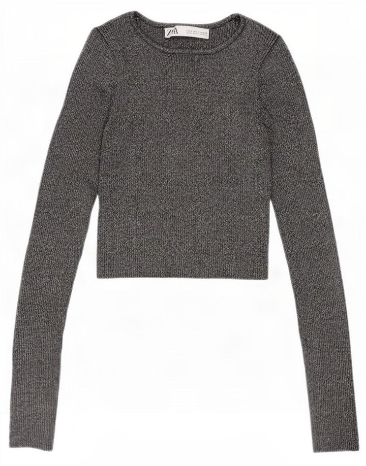 Zara Womens Crop Blouse Top UK 8 Small Viscose mouchetée argentée