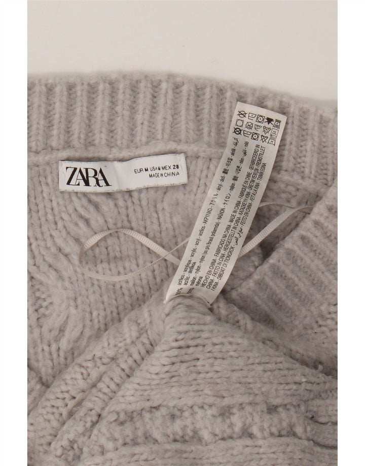Zara Pull court surdimensionné à col en V pour femme UK 14 Gris moyen Acrylique