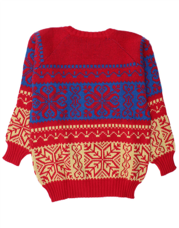 vintage Mens Boat Neck Jumper Pull Moyen Rouge Fair Isle