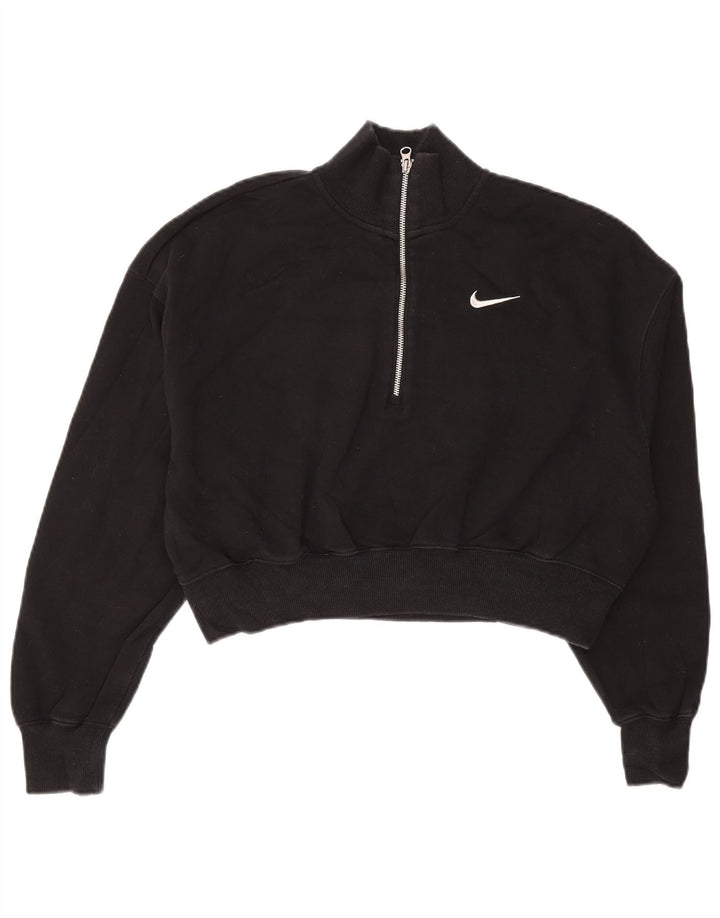 NIKE Femmes Crop Zip Neck Sweatshirt Jumper UK 14 Moyen Noir Coton