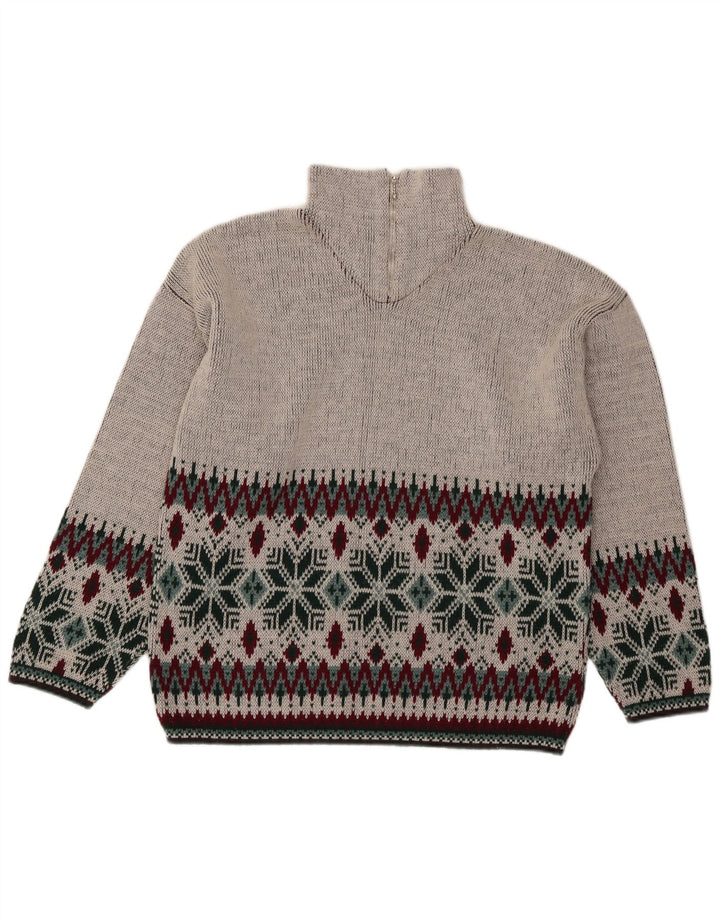 vintage Mens Zip Neck Jumper Pull Moyen Gris Fair Isle