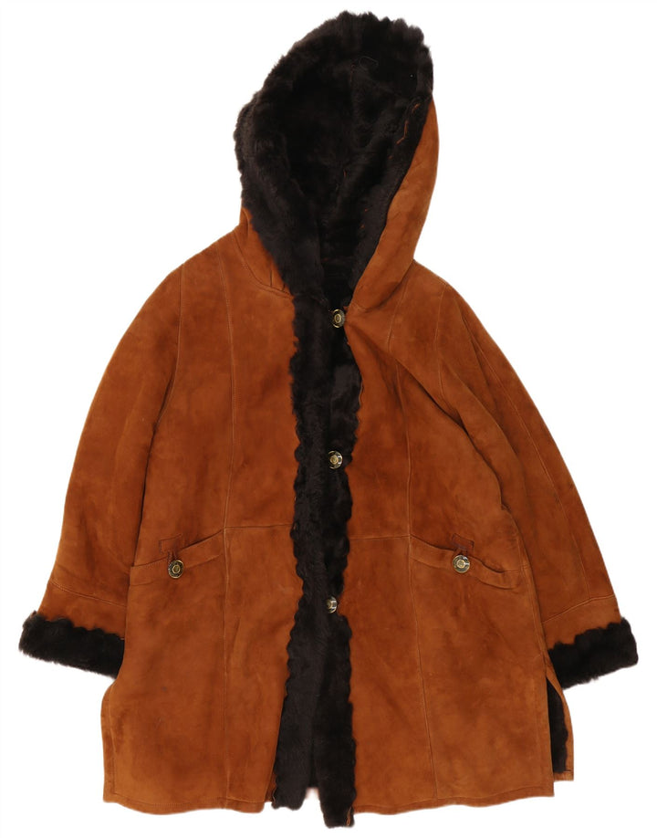VINTAGE Manteau en peau de mouton surdimensionné à capuche pour femme UK 18 XL Marron