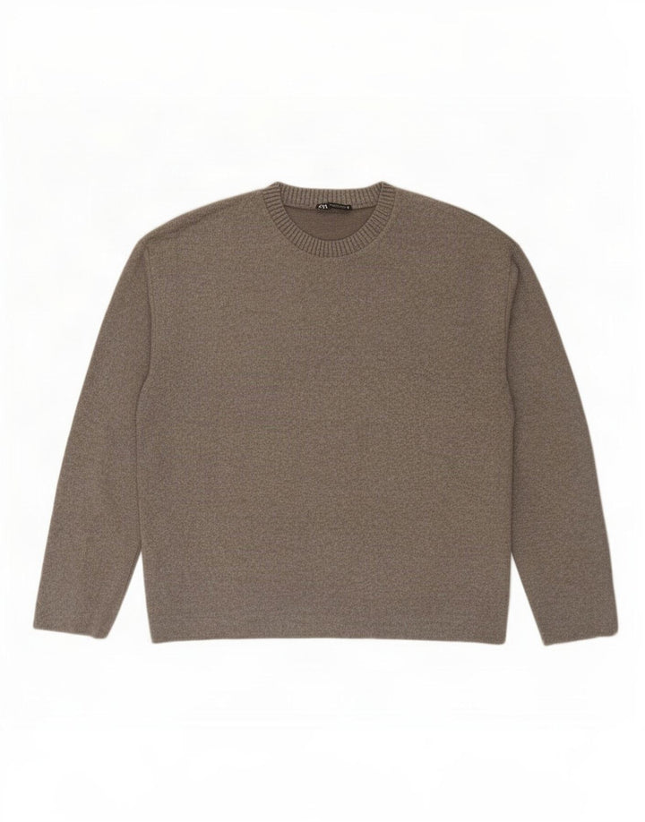 Zara Pull ras du cou pour femme UK 16 Large Gris Polyester