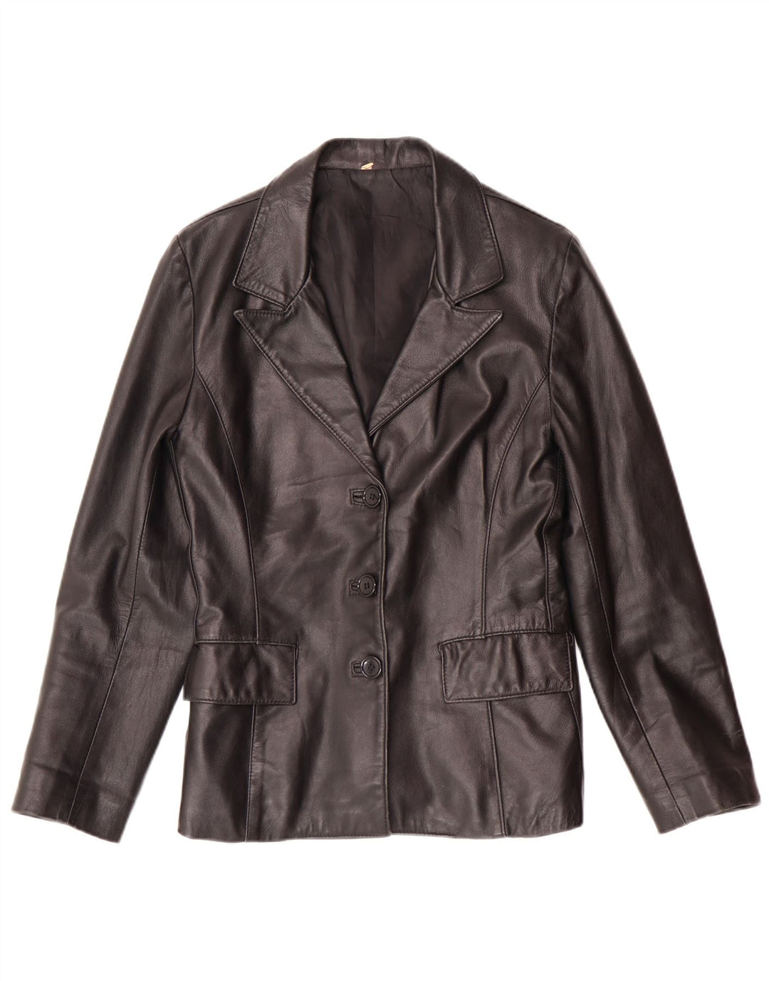 VINTAGE Womens 3 Button Leather Blazer Jacket UK 12 Medium Black Leather